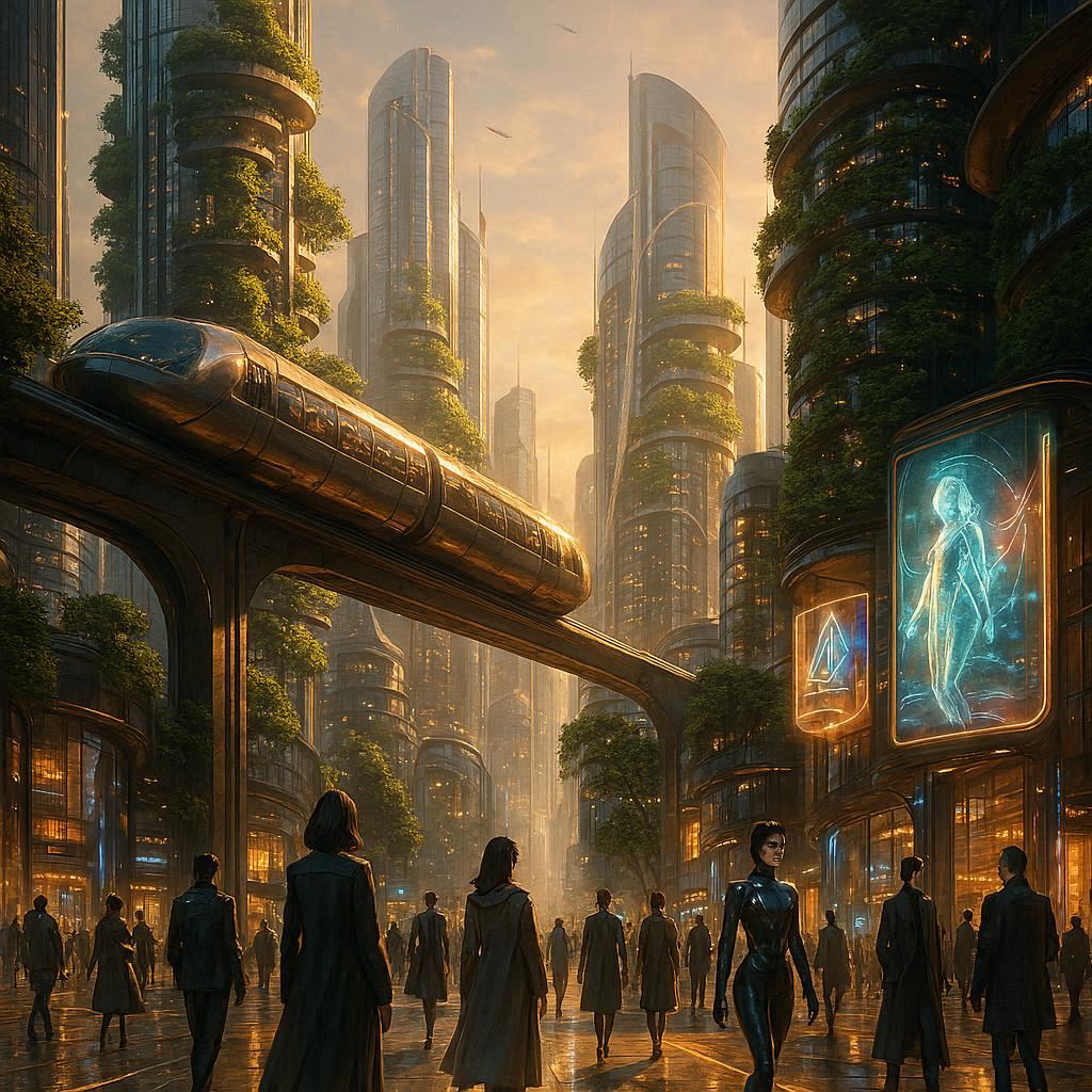 A breathtaking ‘Future Earth 2050’ cityscape at golden hour, blending ultra‑modern architecture, floating transit systems, lush vertical forests, and holographic billboards. People in sleek futuristic fashion walk through glowing streets. Soft atmospheric haze, cinematic lighting, reflective surfaces, and high‑detail realism. Epic, optimistic sci‑fi mood.